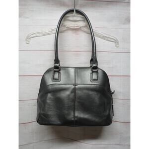 Tignanello Leather Shoulder Bag Purse Metallic Gray Silver Zip Closure